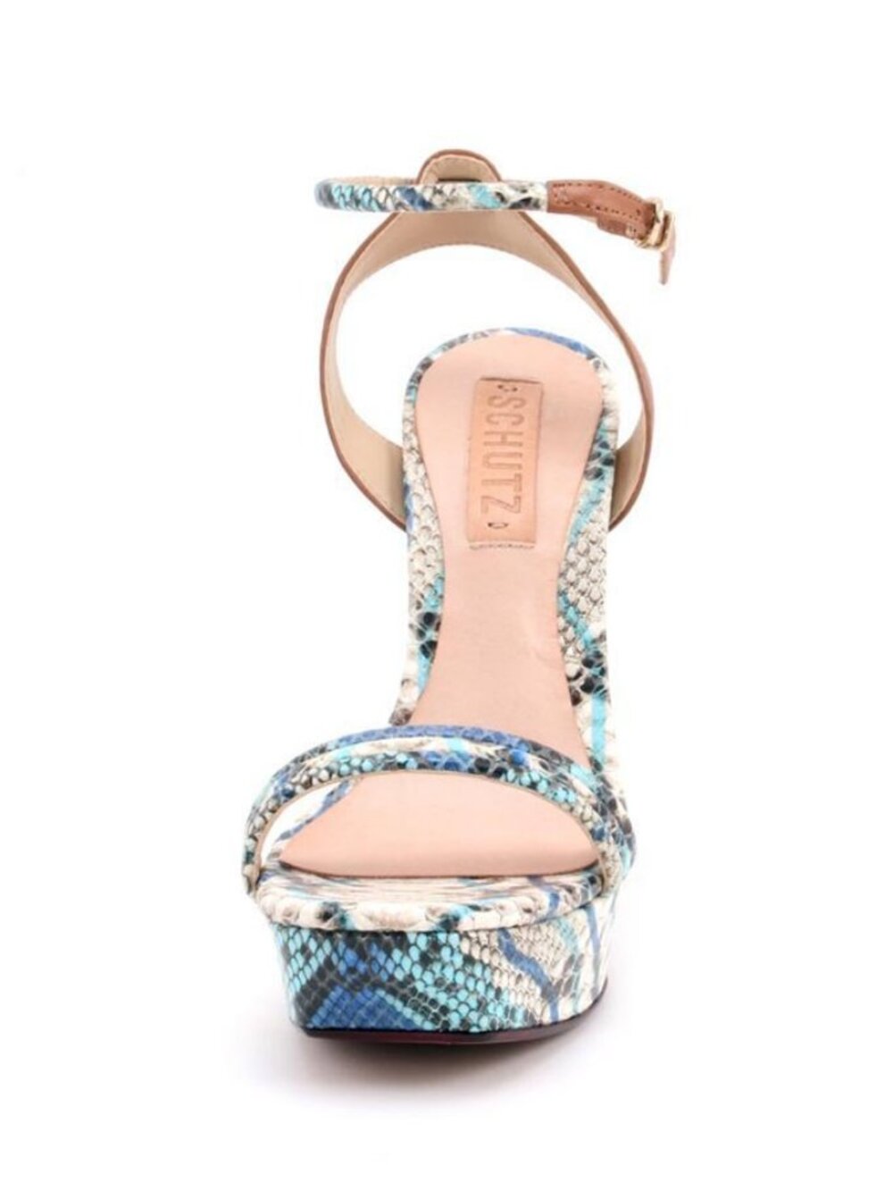 Schutz Caitlin High Heel Blue Jeans Biscuit Python Sandal Snakeskin Platform NEW - Picture 3 of 4
